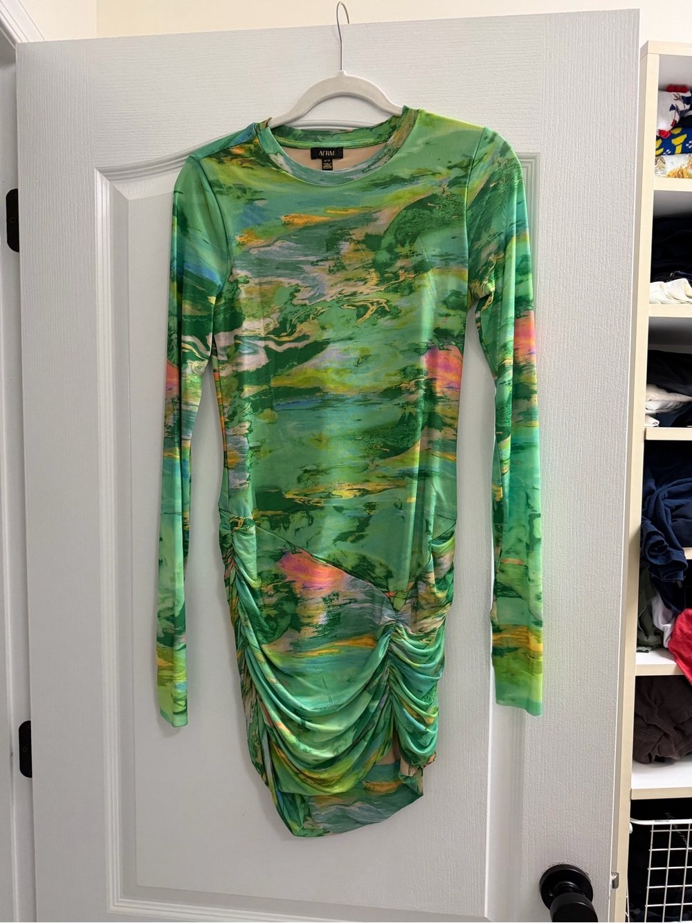 AFRM Green Abstract Print Long Sleeve Ruched Mesh Mini Dress - WORN ONCE!